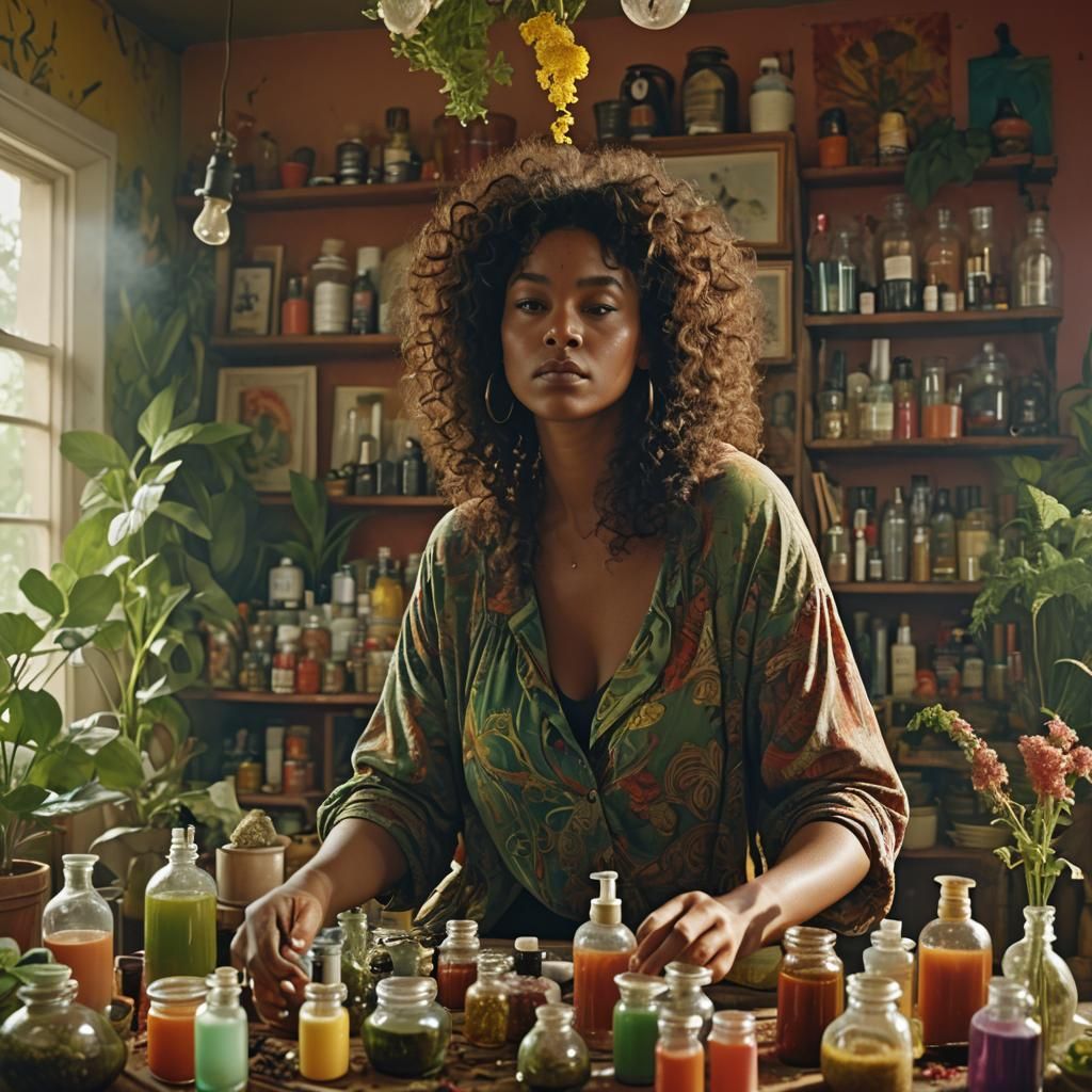 Caribbean Woman Mixing Potions in Cinematic Style