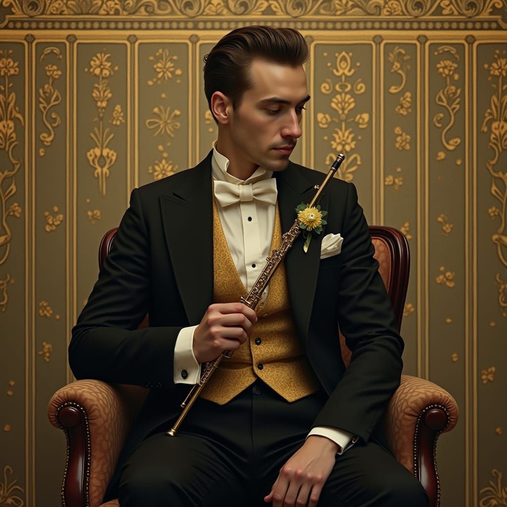 Elegant Gentleman Plays Piccolo in Art Nouveau Style