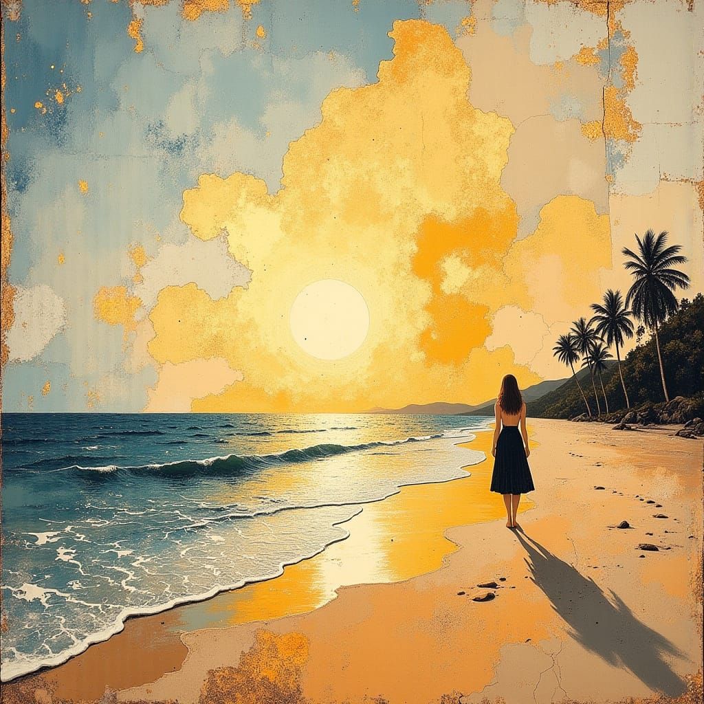 Serene Woman on Beach at Sunset, Monet & Van Gogh Style