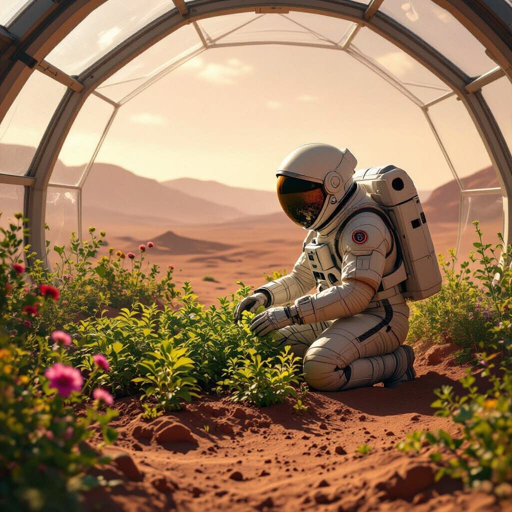 Martian Biodome: Astronaut and Emerald Garden