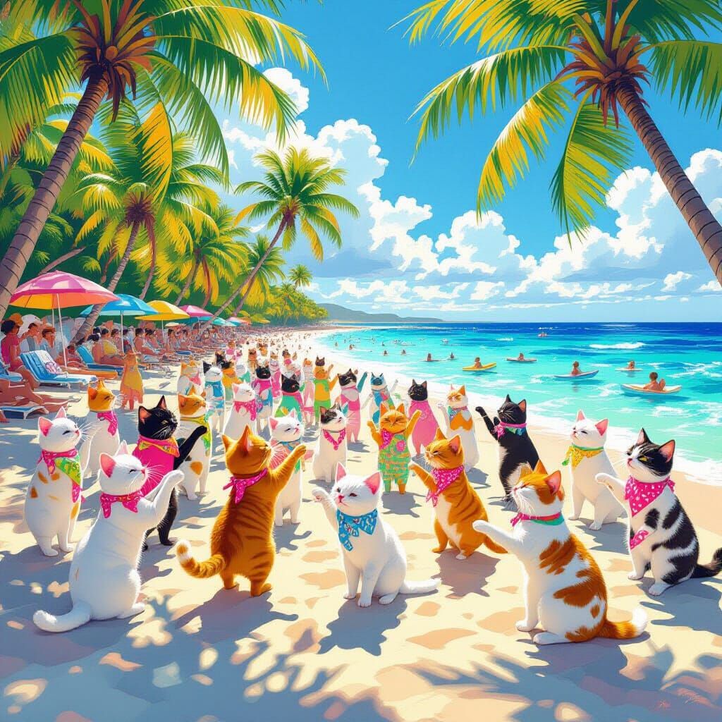 Dancing Cats on a Beach in Vibrant Digital Art