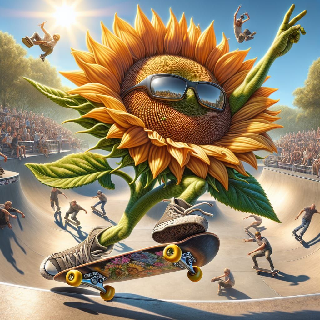 Hyperrealistic Sunflower Skateboarder in Skate Park