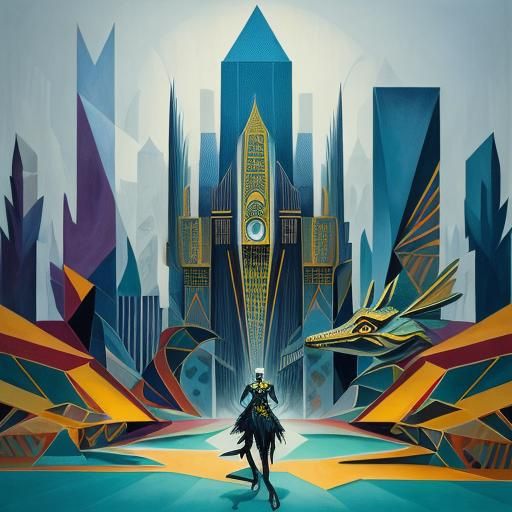 Cubist Crocodile in Cityscape with Art Deco Purse