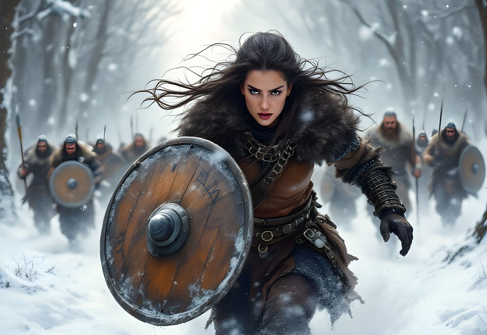 Hlín Leads Vikings Through Snowy Forest Clearing