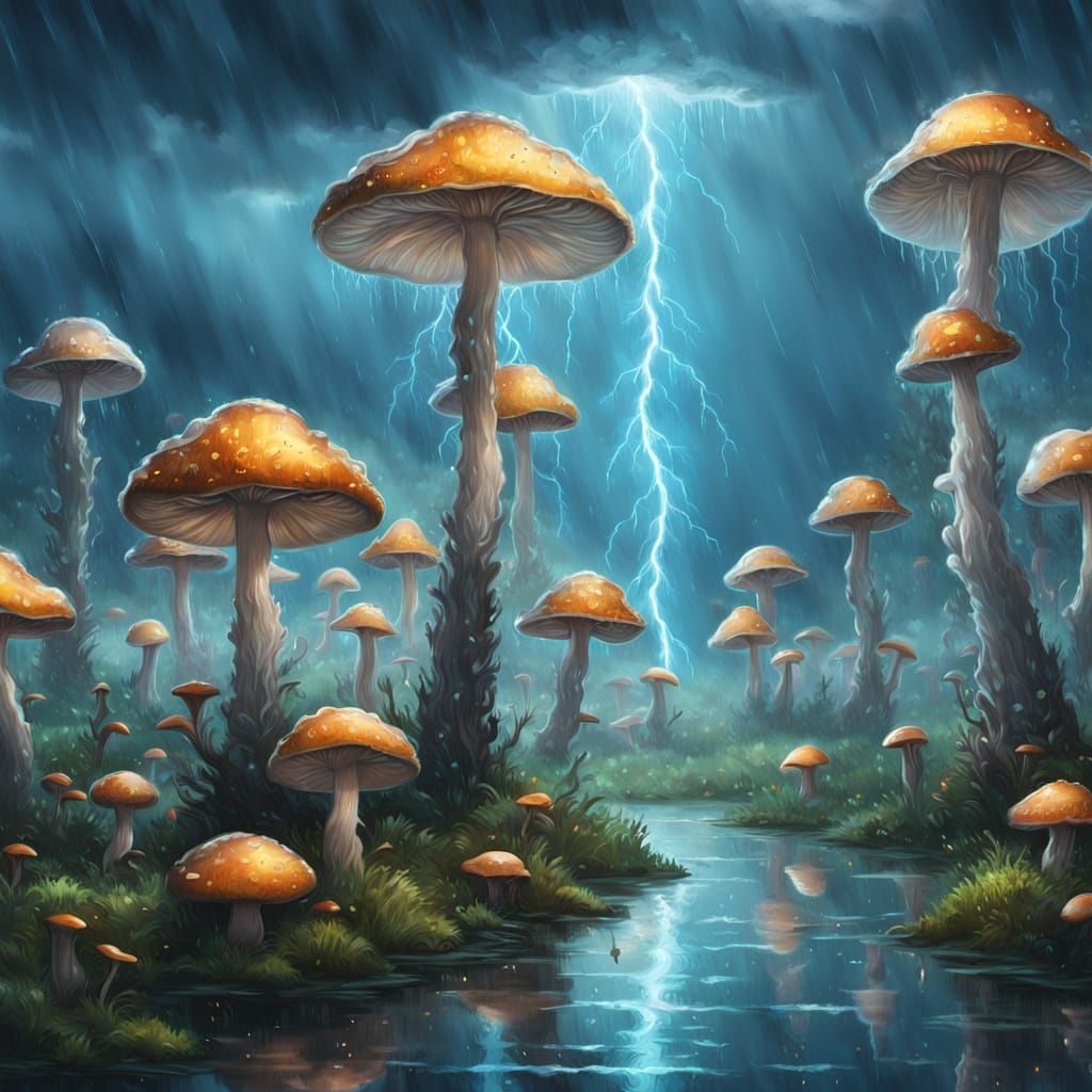 Underwater Bioluminescent Mushroom Storm in Impressionistic ...
