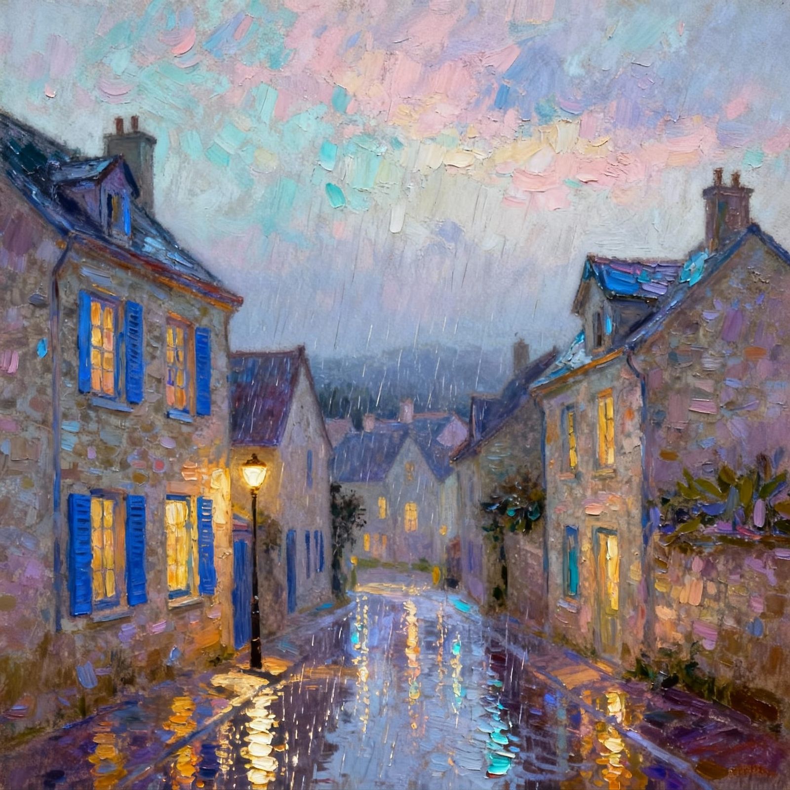Neo-Impressionist City Street Reflections After Rain