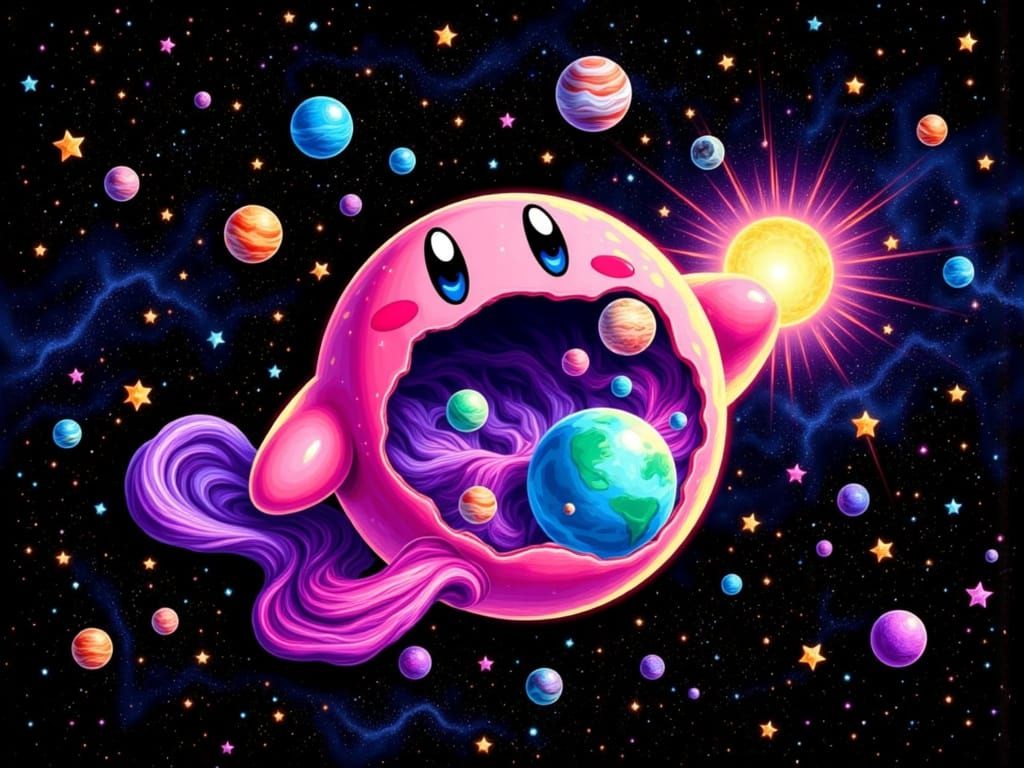 Kirby Swallows the Galaxy in Pixelated Realism