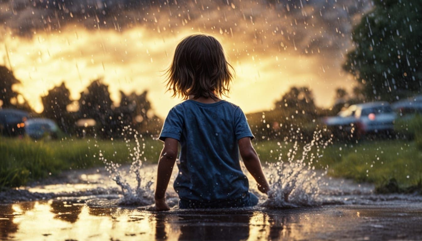 Child Splashing in Puddles During Summer Rain