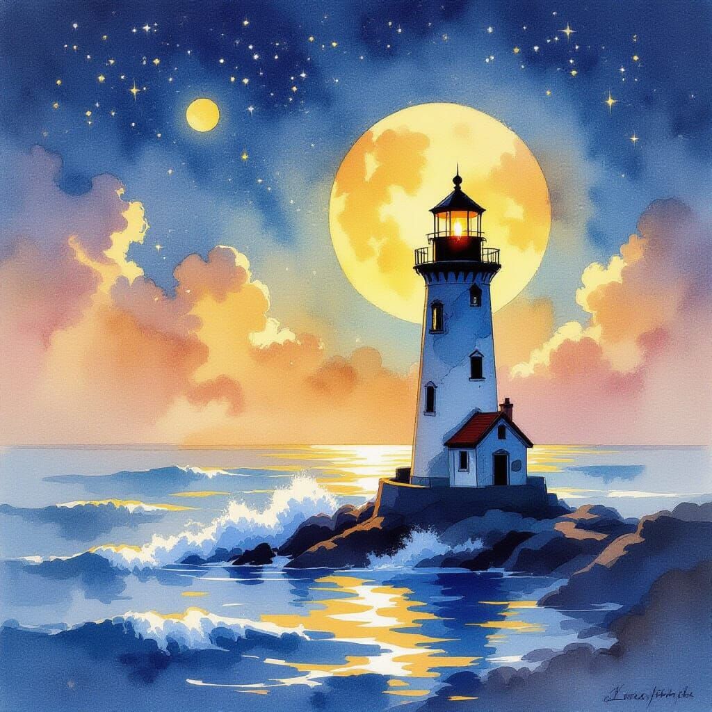 Lighthouse at Night in Dreamy Watercolor Style