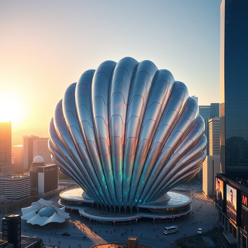 Hyperrealistic Shell Shaped City Hall in Futuristic Metropol...