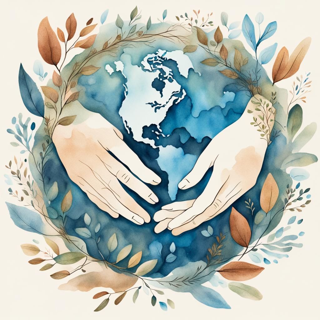 Gentle Hands Hold Earth in Watercolor Wreath