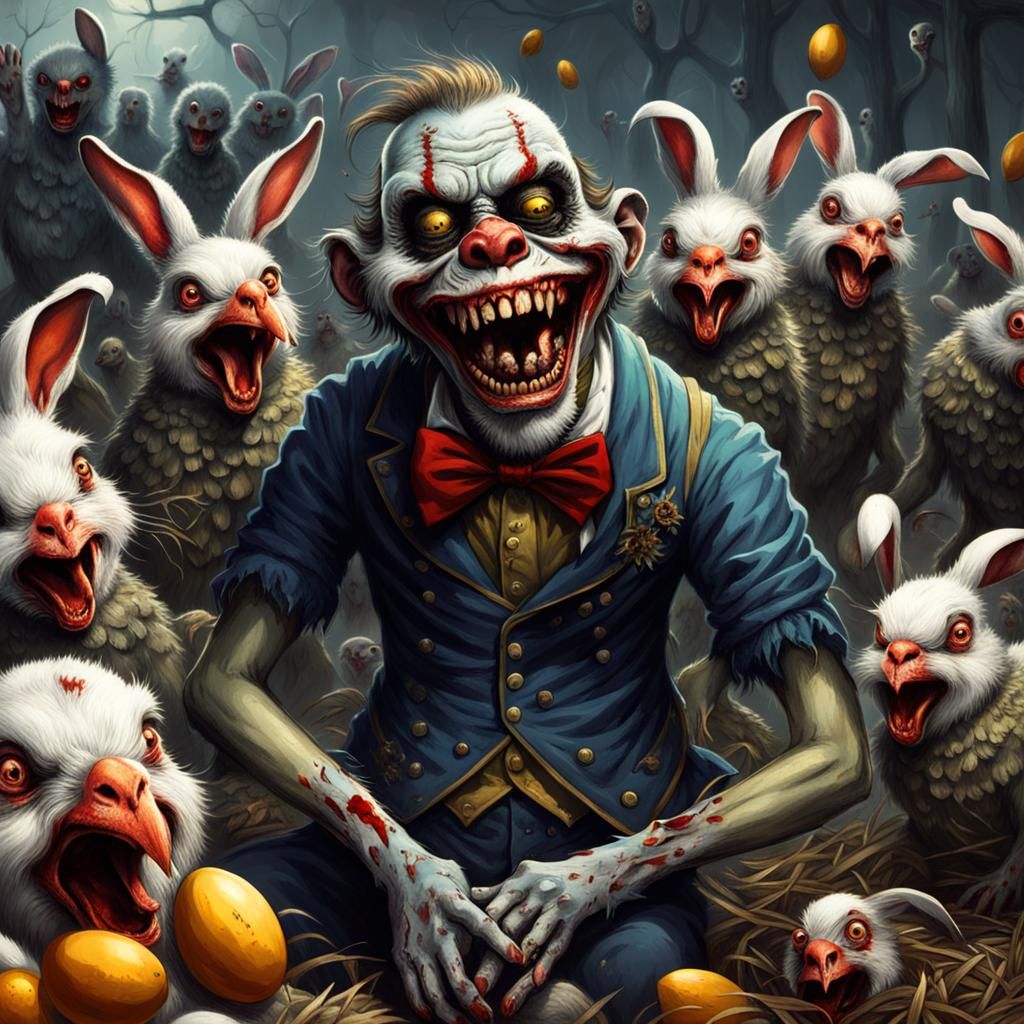Zombie Monkey Clown Surrounded by Zombie Animals