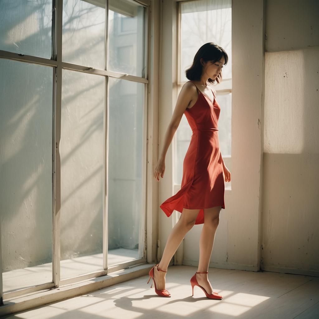 Japanese Woman in Red Dress, Editorial Photography