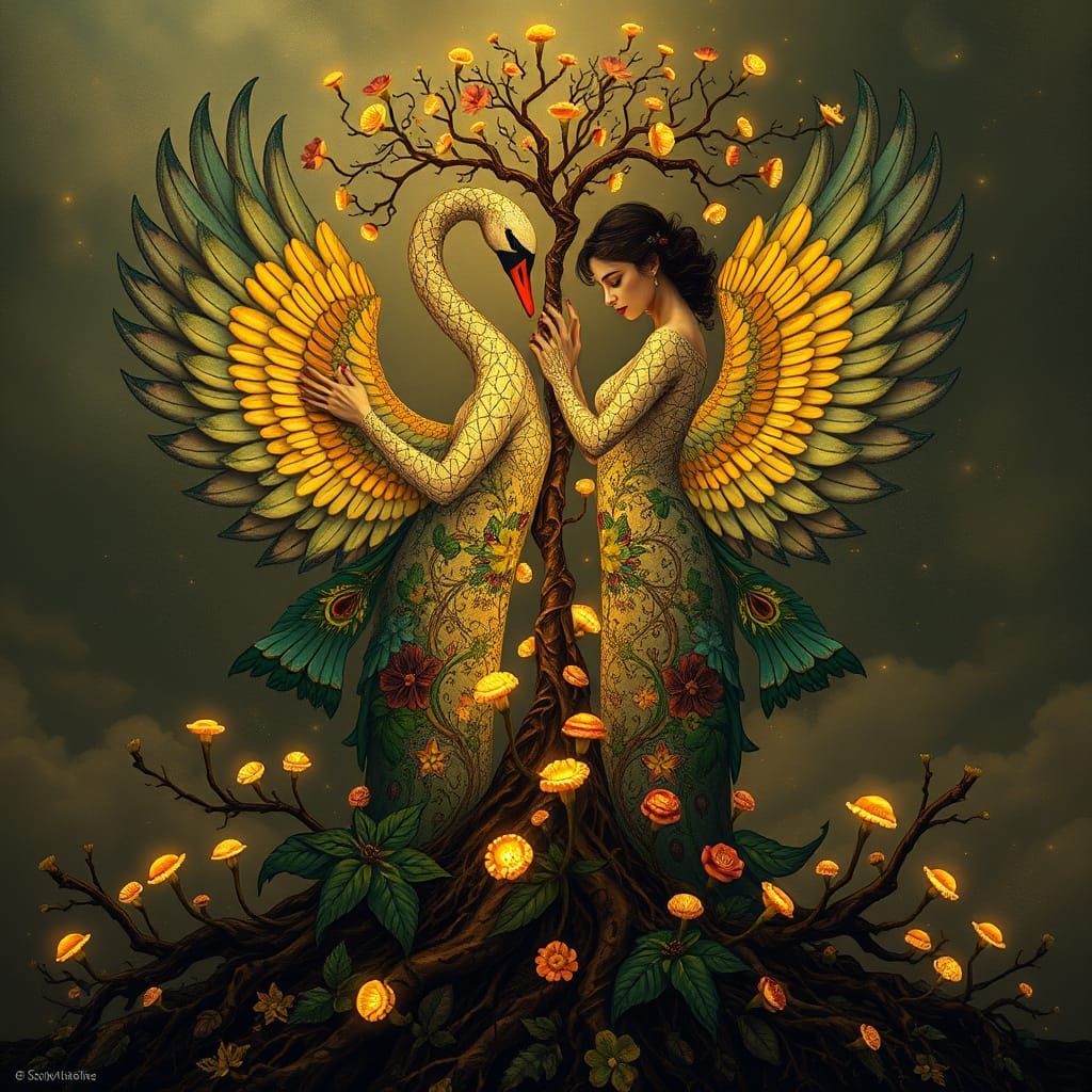 Majestic Swan Women Bloom from Earth in Whimsical, Klimt-Ins...