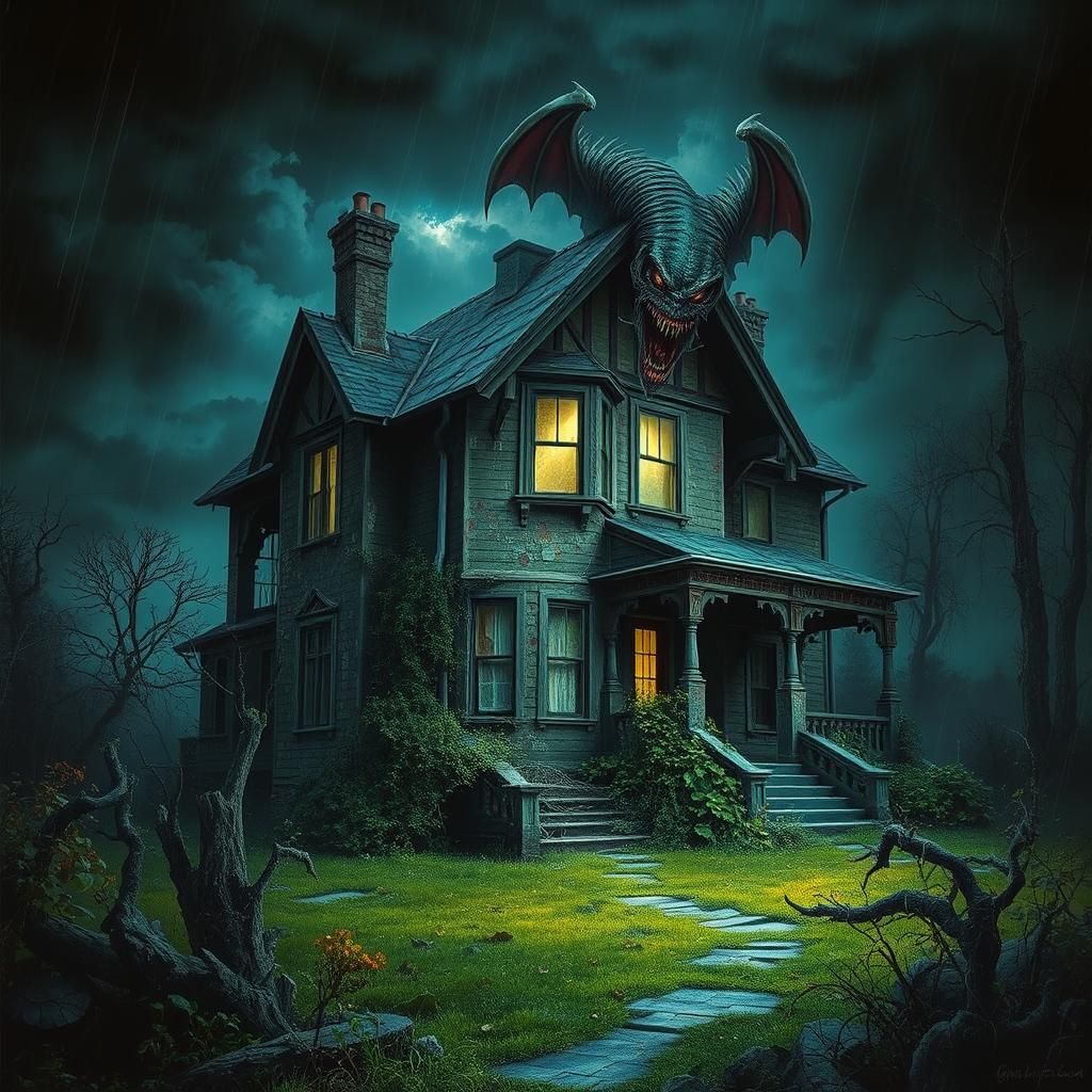 Abandoned House with Monster in Gothic Horror Style