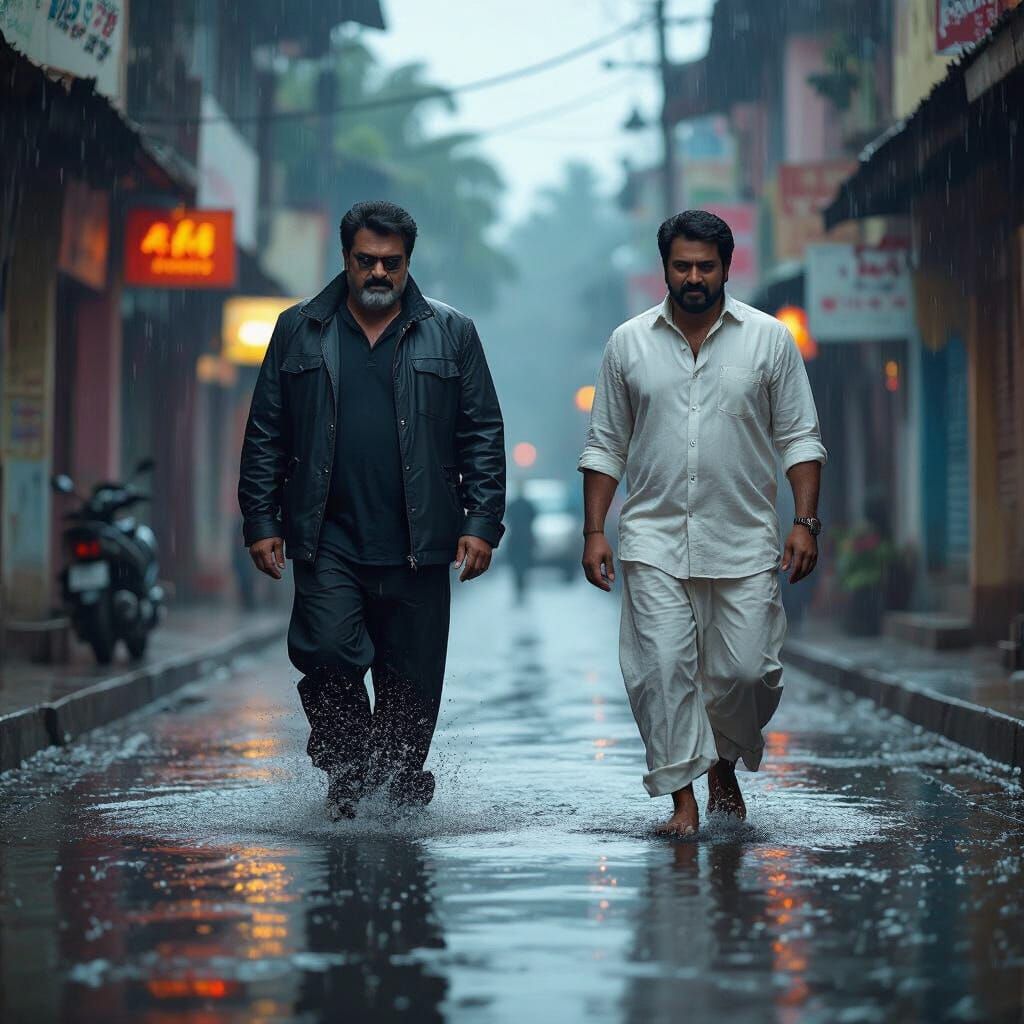 Mammootty and Mohanlal Share Umbrella on Wet Kerala Street