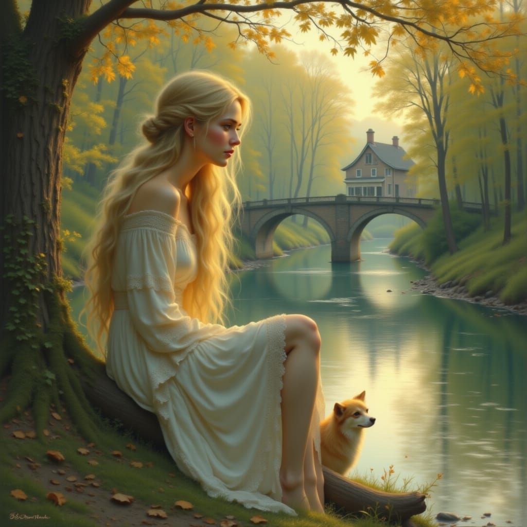Woman Gazing at River in Romantic Landscape