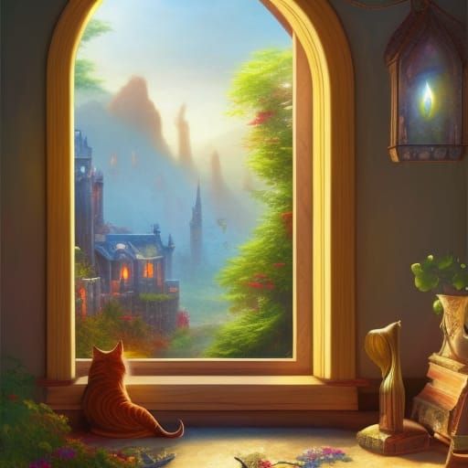 Cat Nap in Elven Room, Digital Art