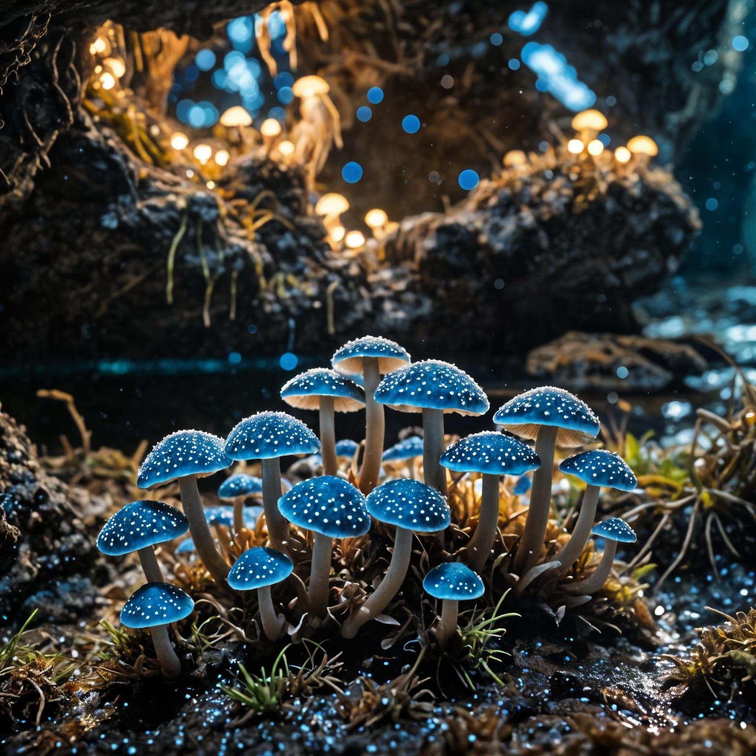 Bioluminescent Mushrooms in a Cave, Macro Photography