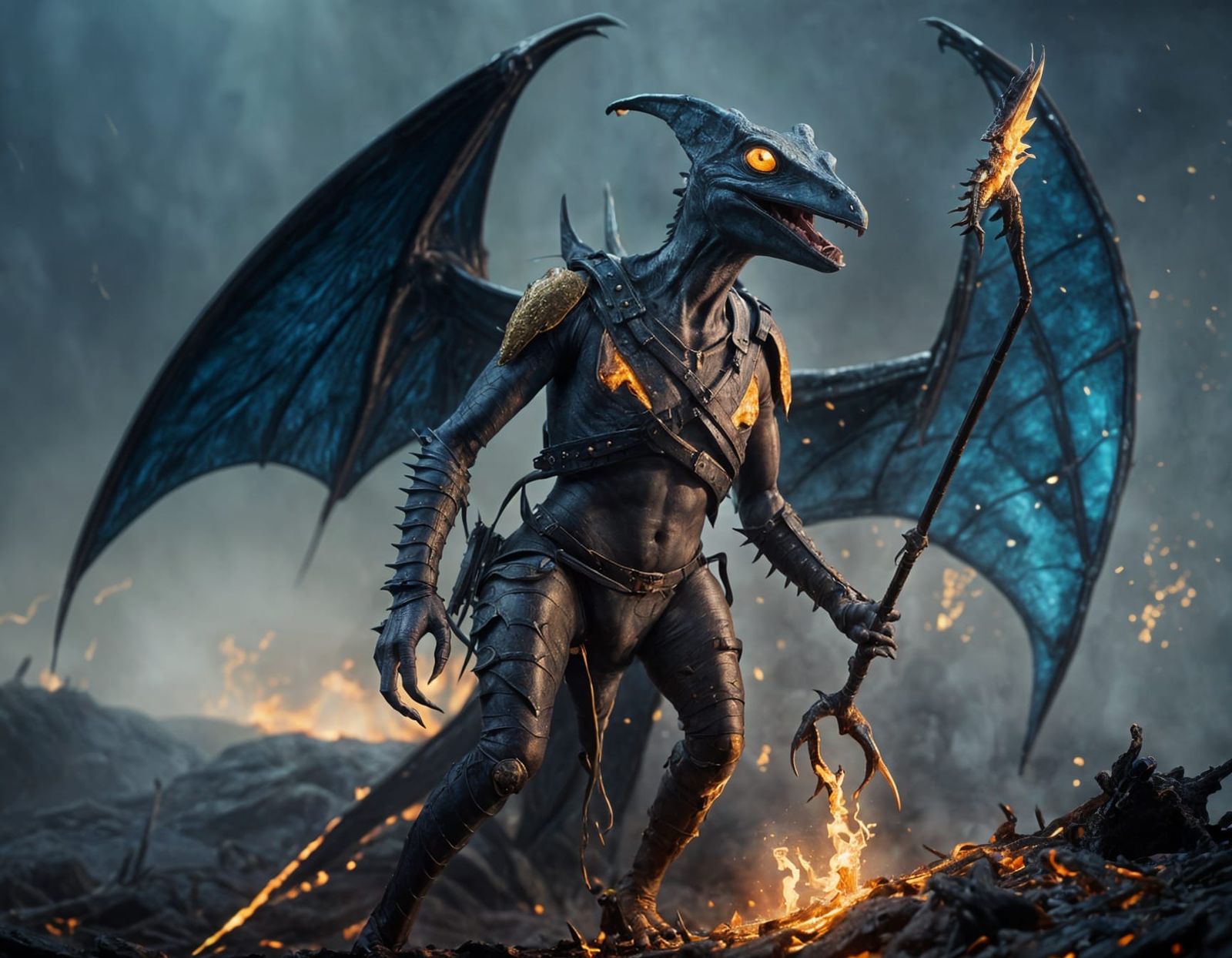 Cinematic Pterodactyl Warrior in Smoldering Embers