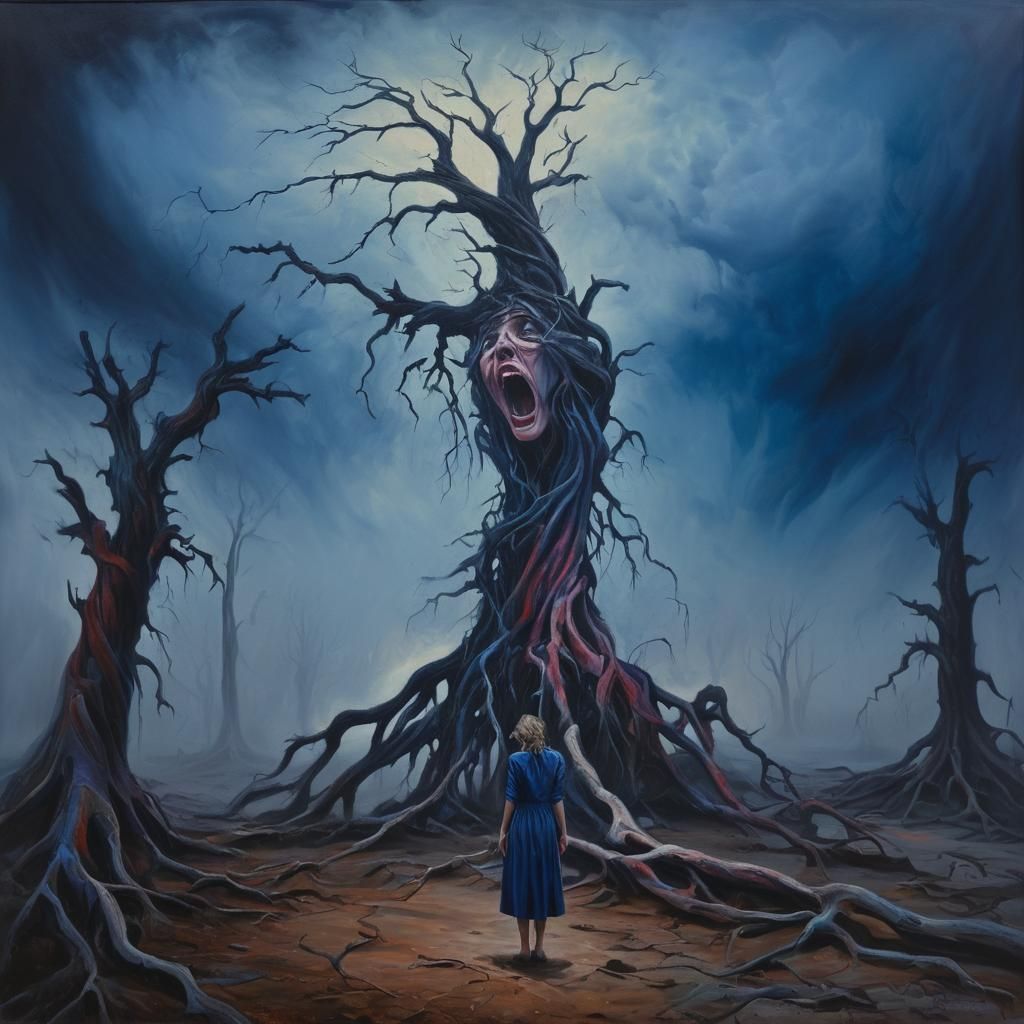 Desolate Woman Screaming in Eerie Surrealism Painting