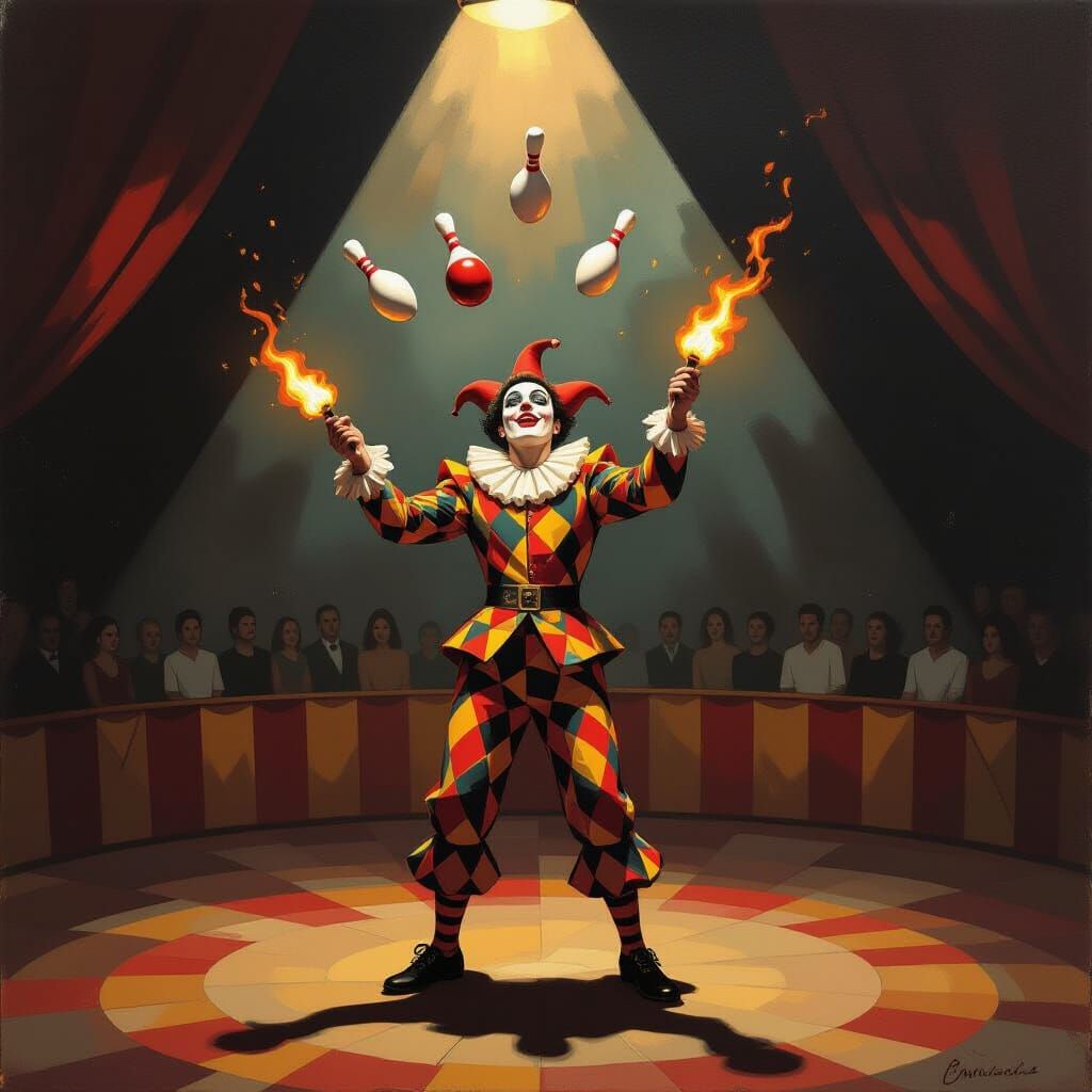 Harlequin Juggles Flaming Pins in Dramatic Oil Painting