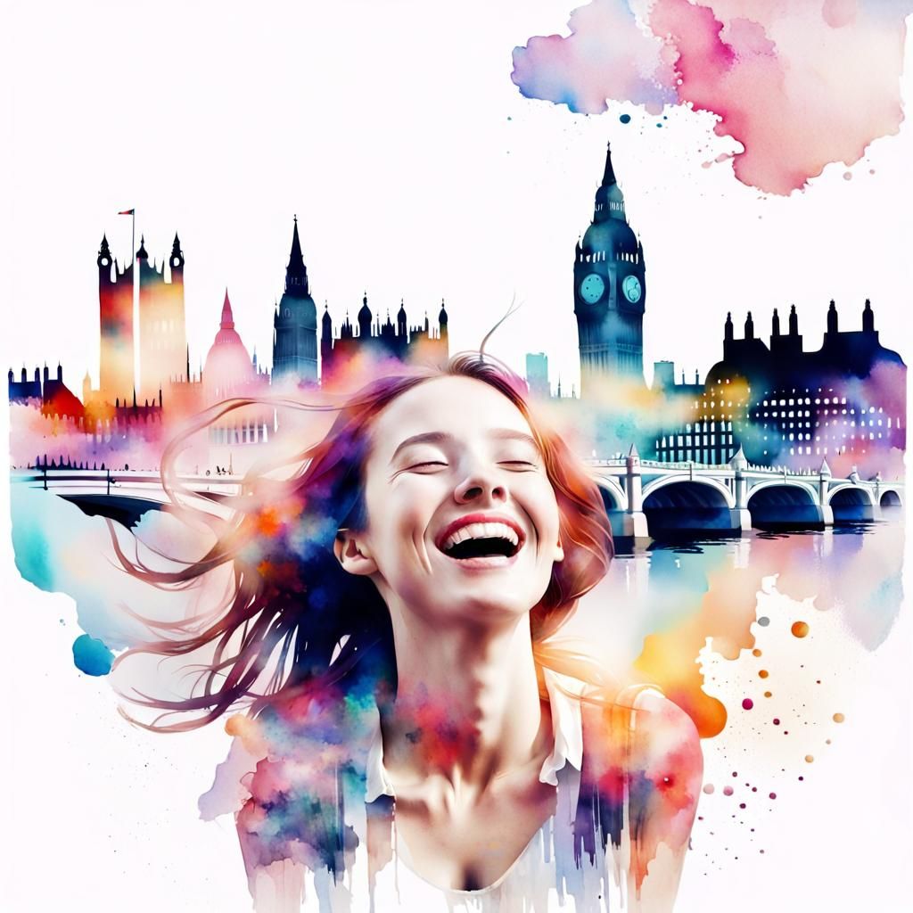 Dreamy Girl Double Exposure London Watercolor Art