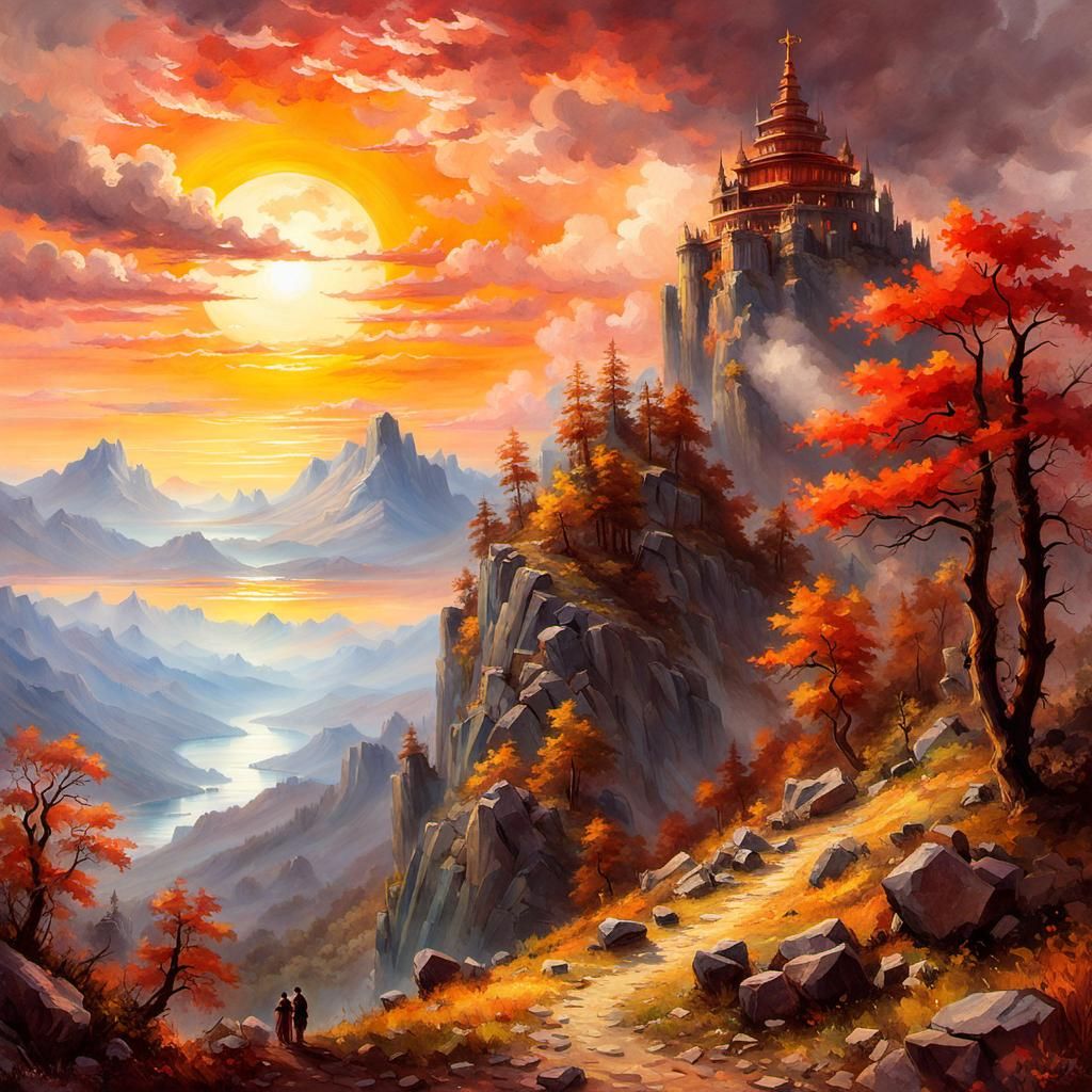 Mountain Temple Illustration in Romantic Naturalism Style