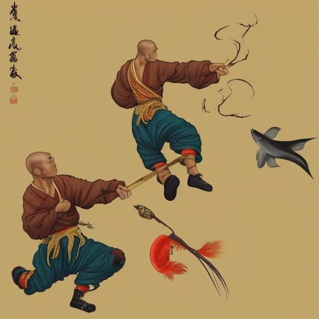 Shaolin Monk fighting a chinese fighting fish in the sky