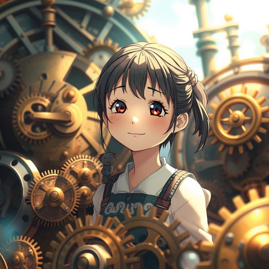 Whimsical Clockwork Girl in Dreamlike World