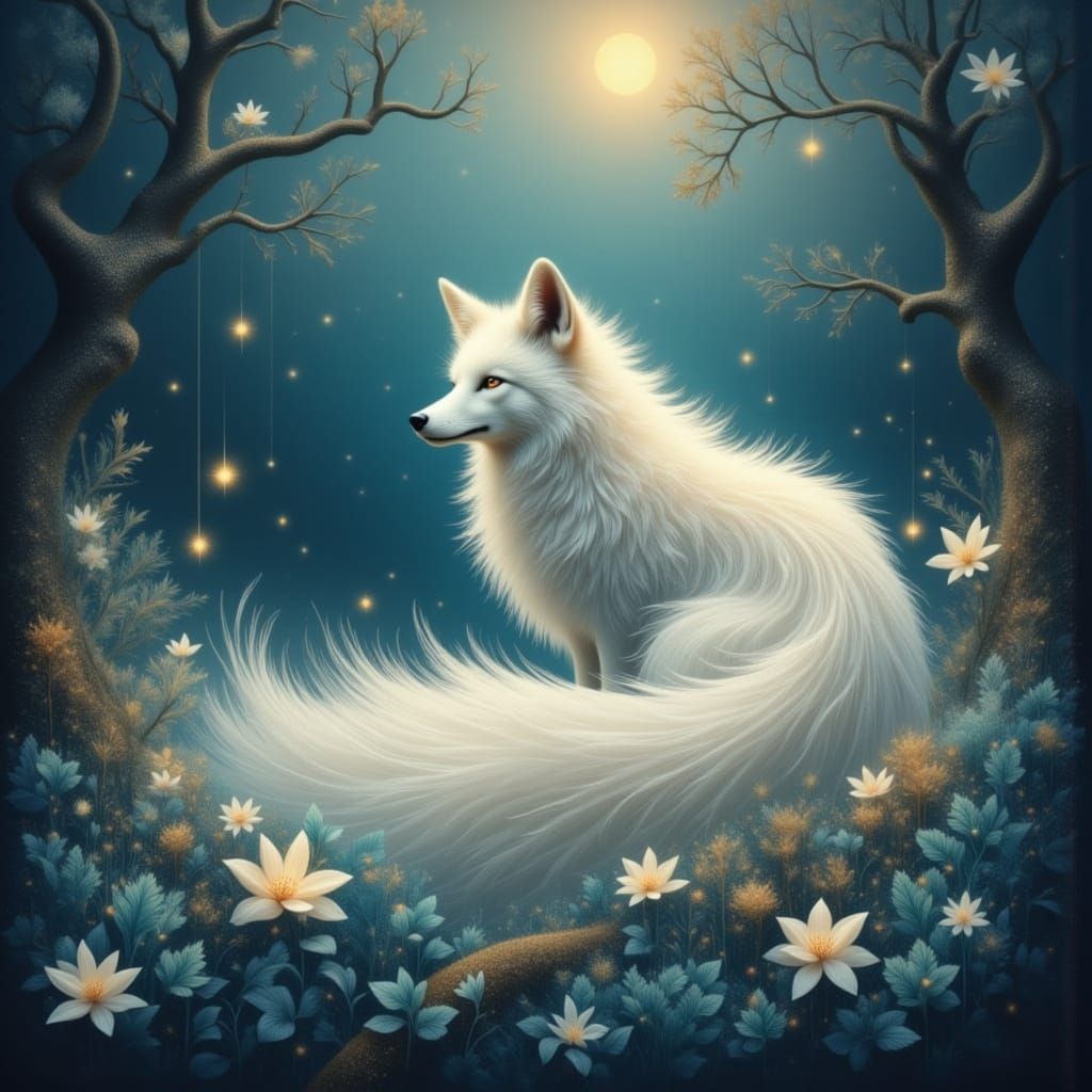 Majestic White Fox in Enchanted Forest Moonlight