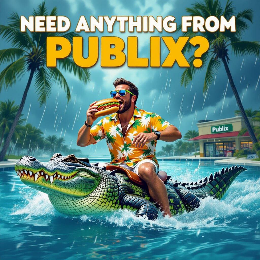 A Florida man riding an alligator in a pool of water, during a hurricane while eating a Publix sub sandwich, with palm t...