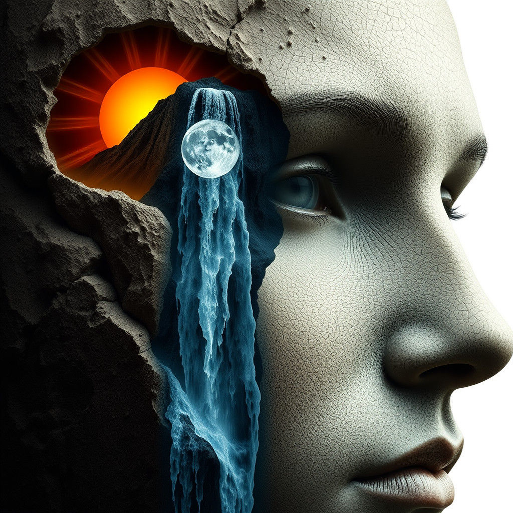 Celestial Face: Sun and Moon Eyes with Waterfall