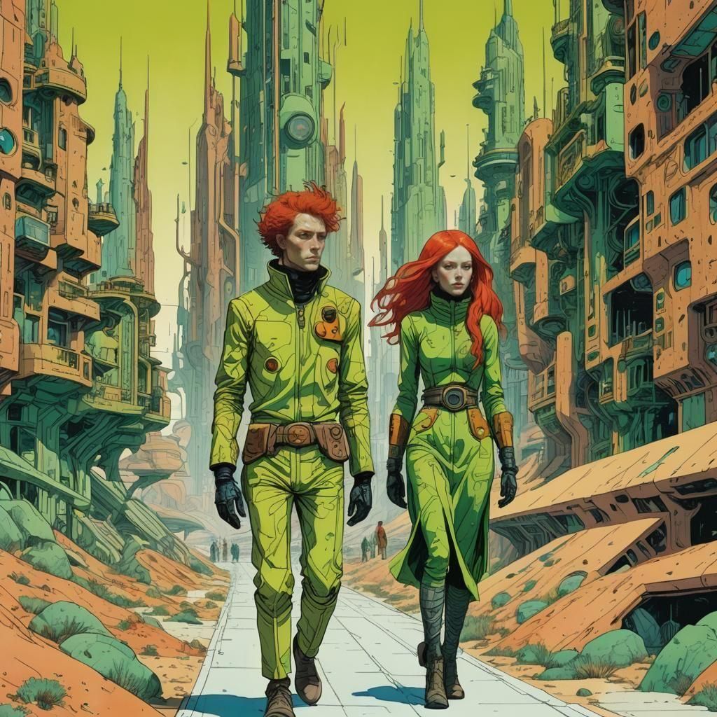 Futuristic Android Couple in Psychedelic Moebius-Style City