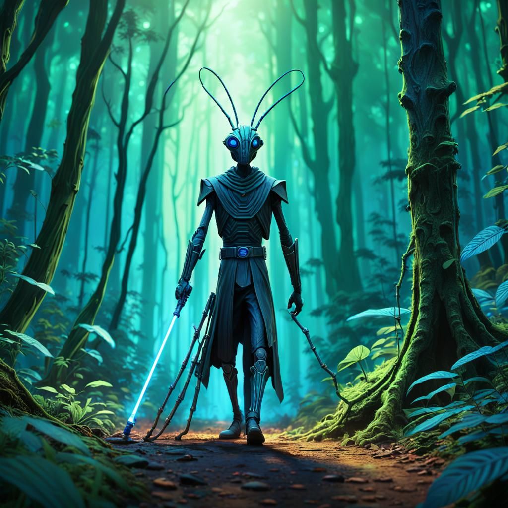 Insectoid Jedi Knight in Mystical Forest: Pixar Concept Art