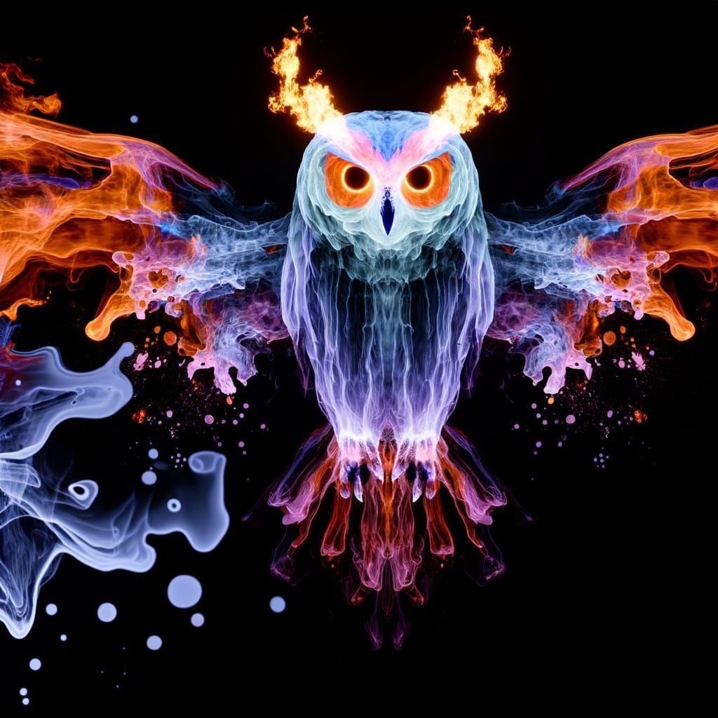 Translucent Owl Totem with Fire Wings in Luminism Style