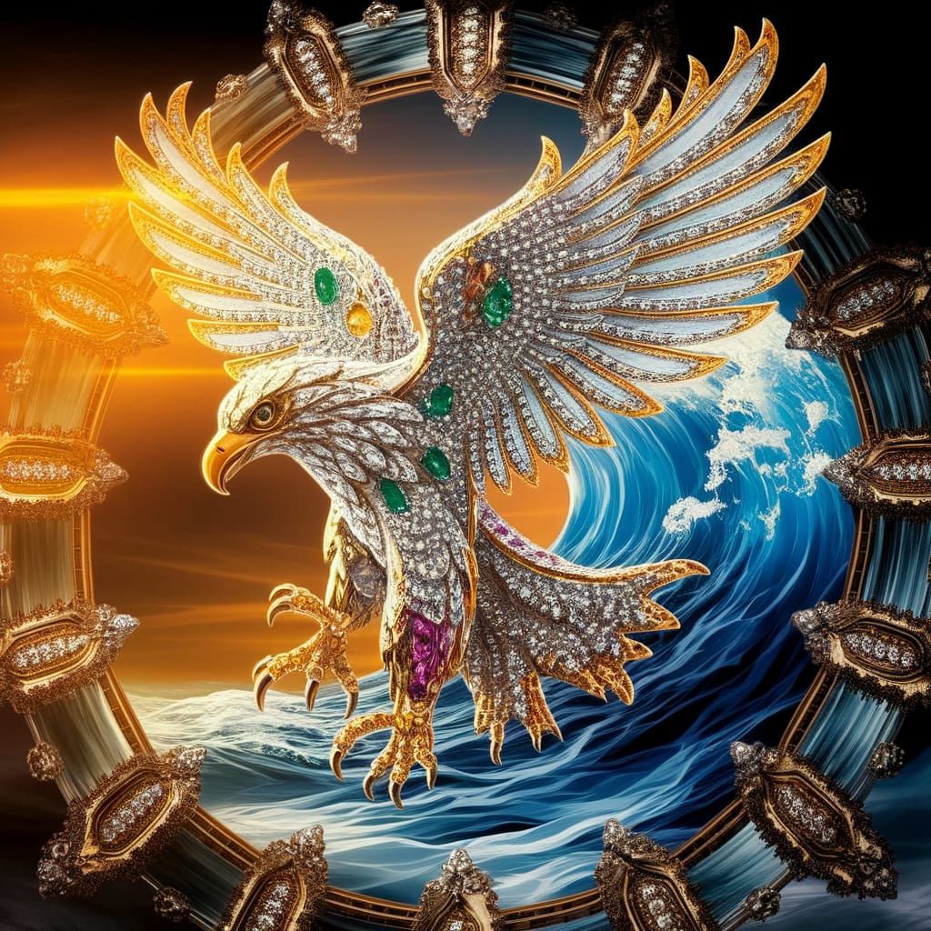 Elegant Fractal Eagle with Cascading Water in Amber and Gold