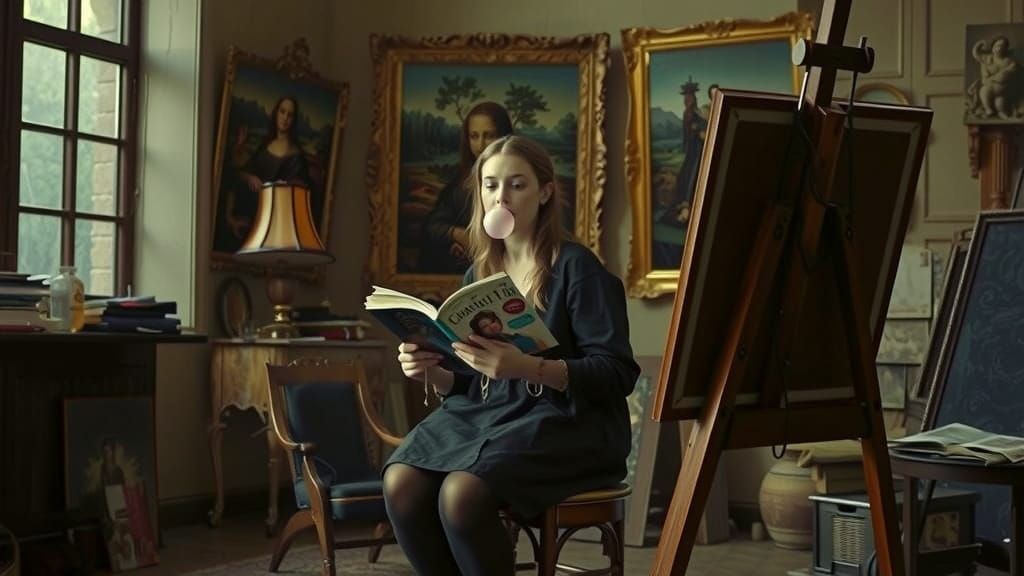 Mona Lisa Reads Magazine, Blows Gum in Studio