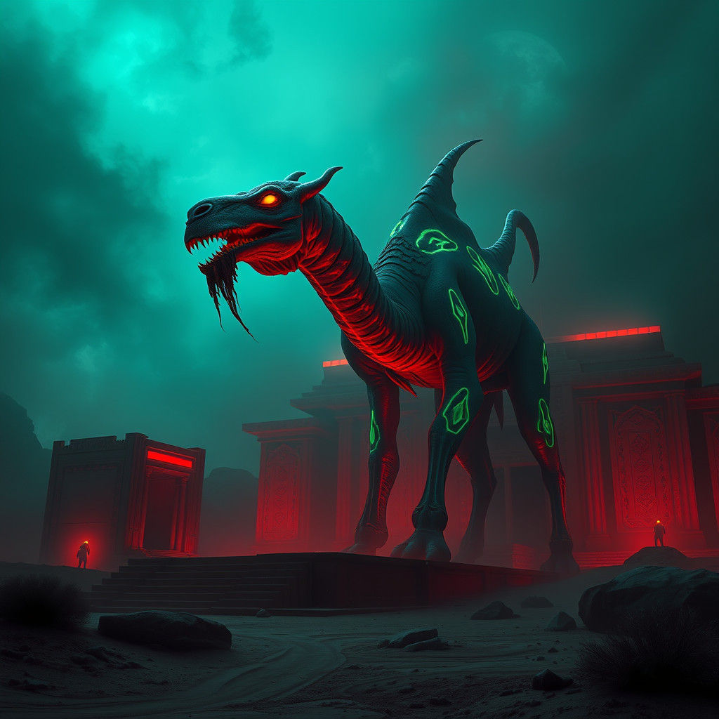 Grotesque Camel Beast Emerges from Ancient Temple
