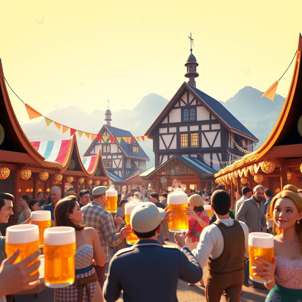 Vibrant Bavarian Festival in Stylized 3D Digital Art