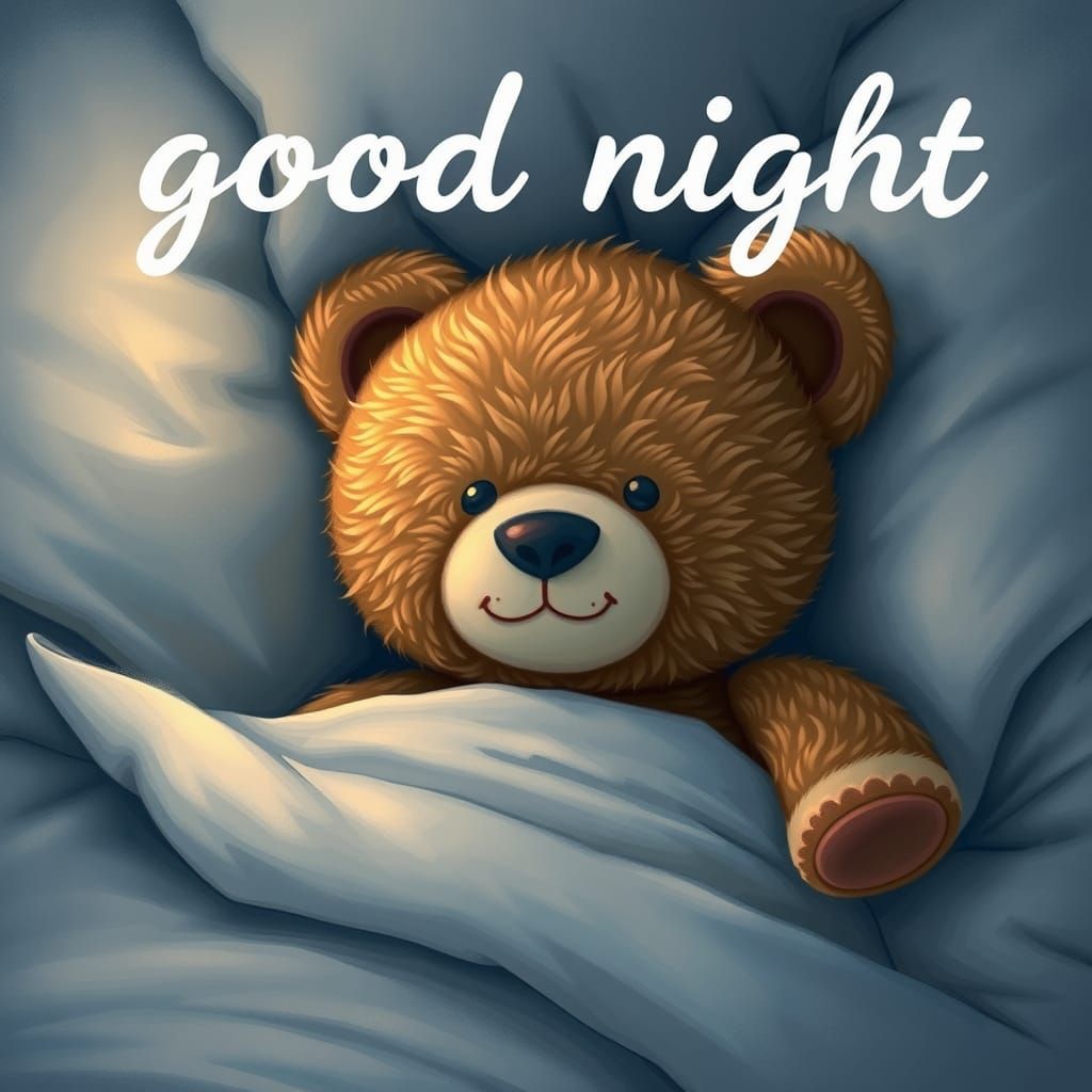 text "good night" A cozy scene of a teddy bear tucked in bed...