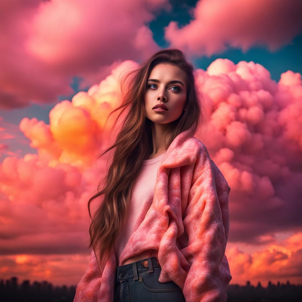 Fashionable Girl with Pink and Orange Clouds