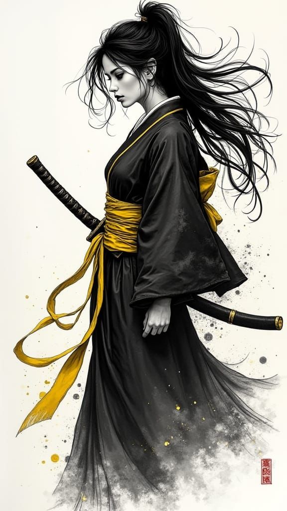 Ninja Woman with Katana in Irezumi Tattoo Style