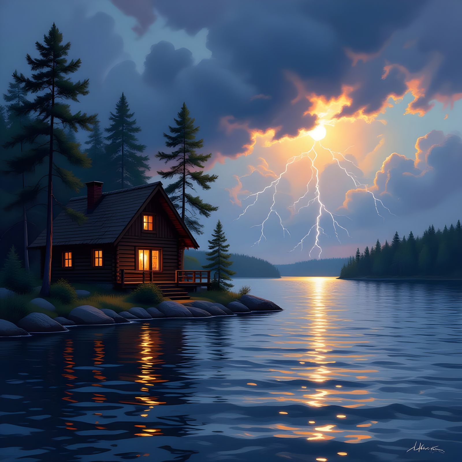 Secluded Cabin by Lake with Lightning