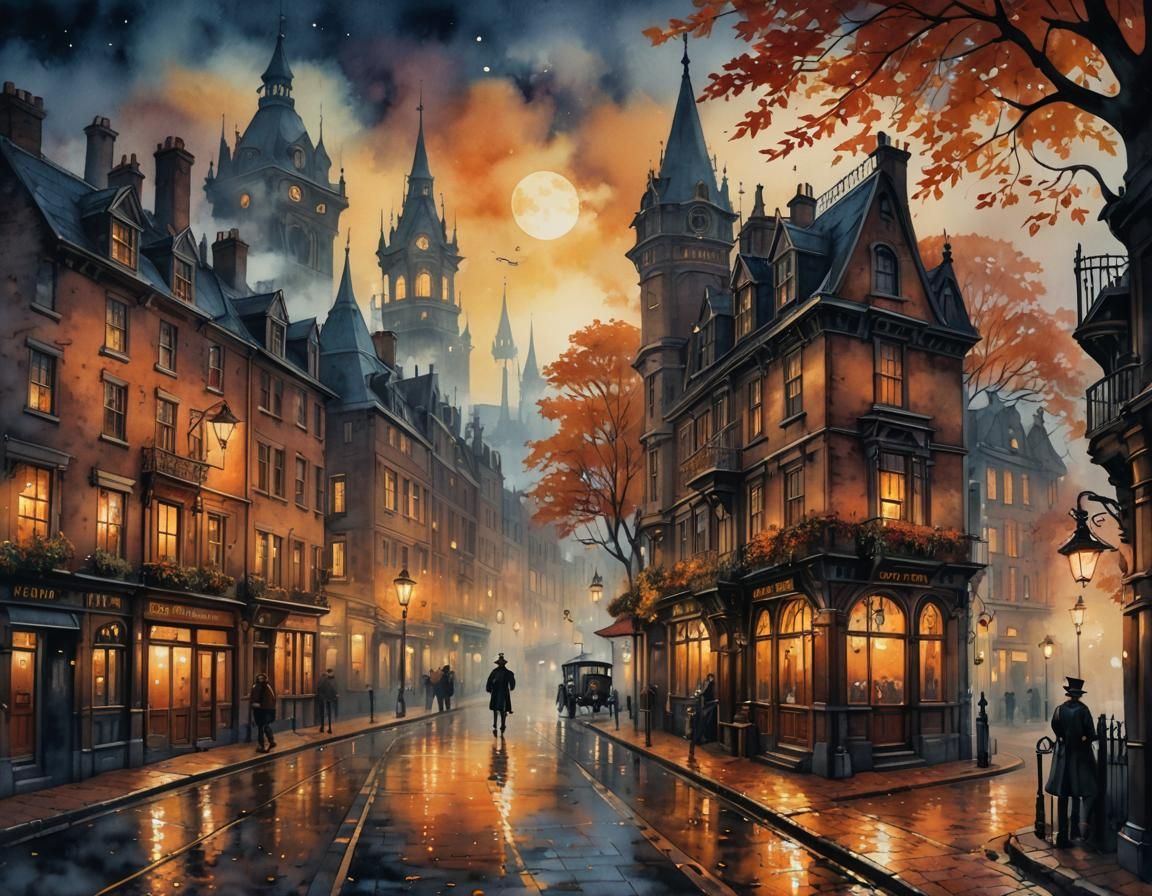 Steampunk Cityscape with Autumnal Trees