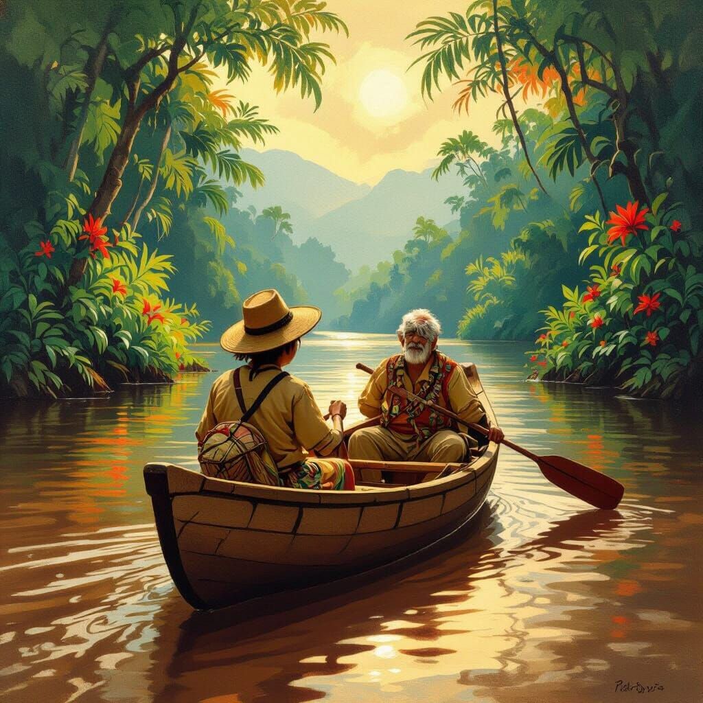 Amazon Boy and Grandpa in Canoe, Gauguin Style