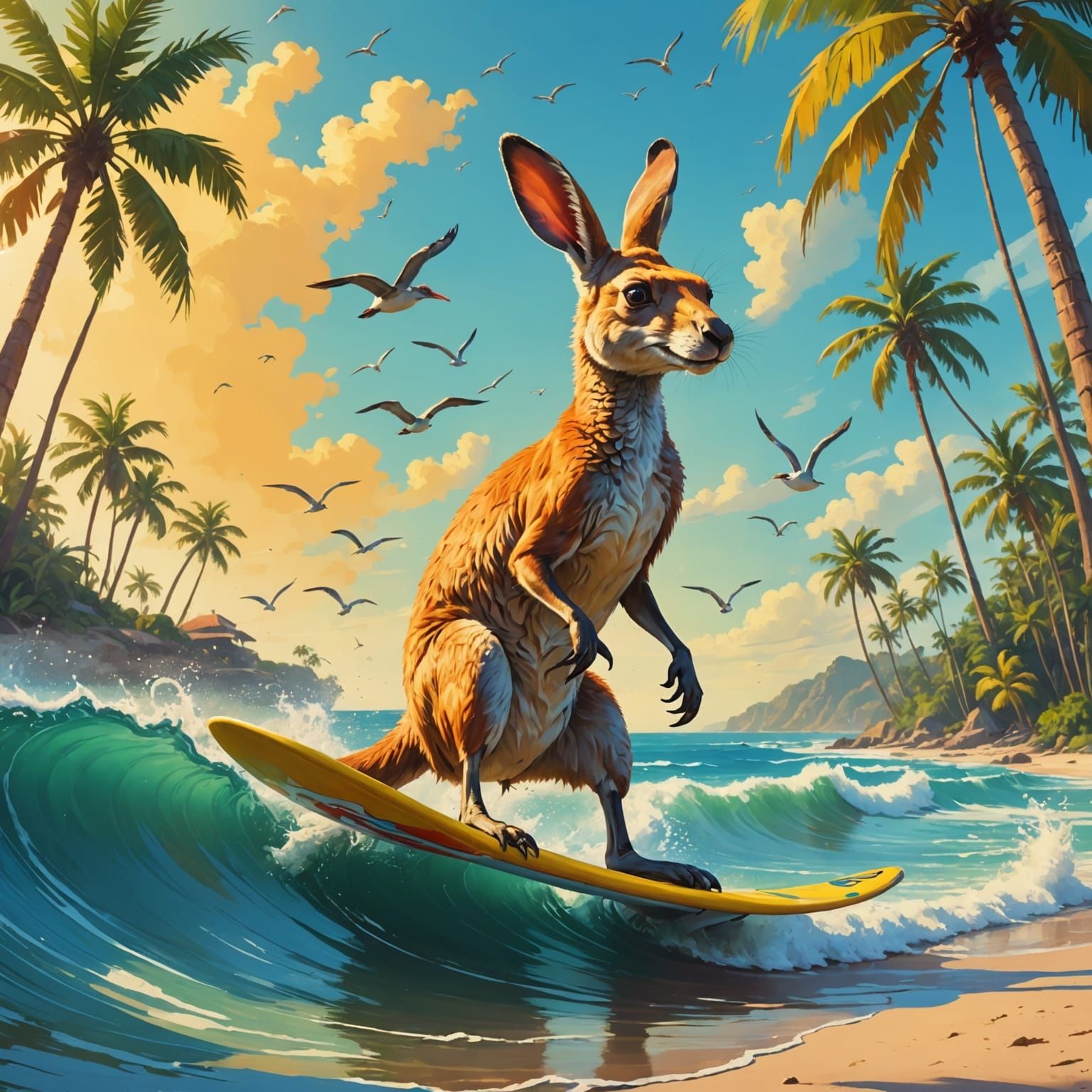 Kangaroo Surfing in a Tropical Oil Painting