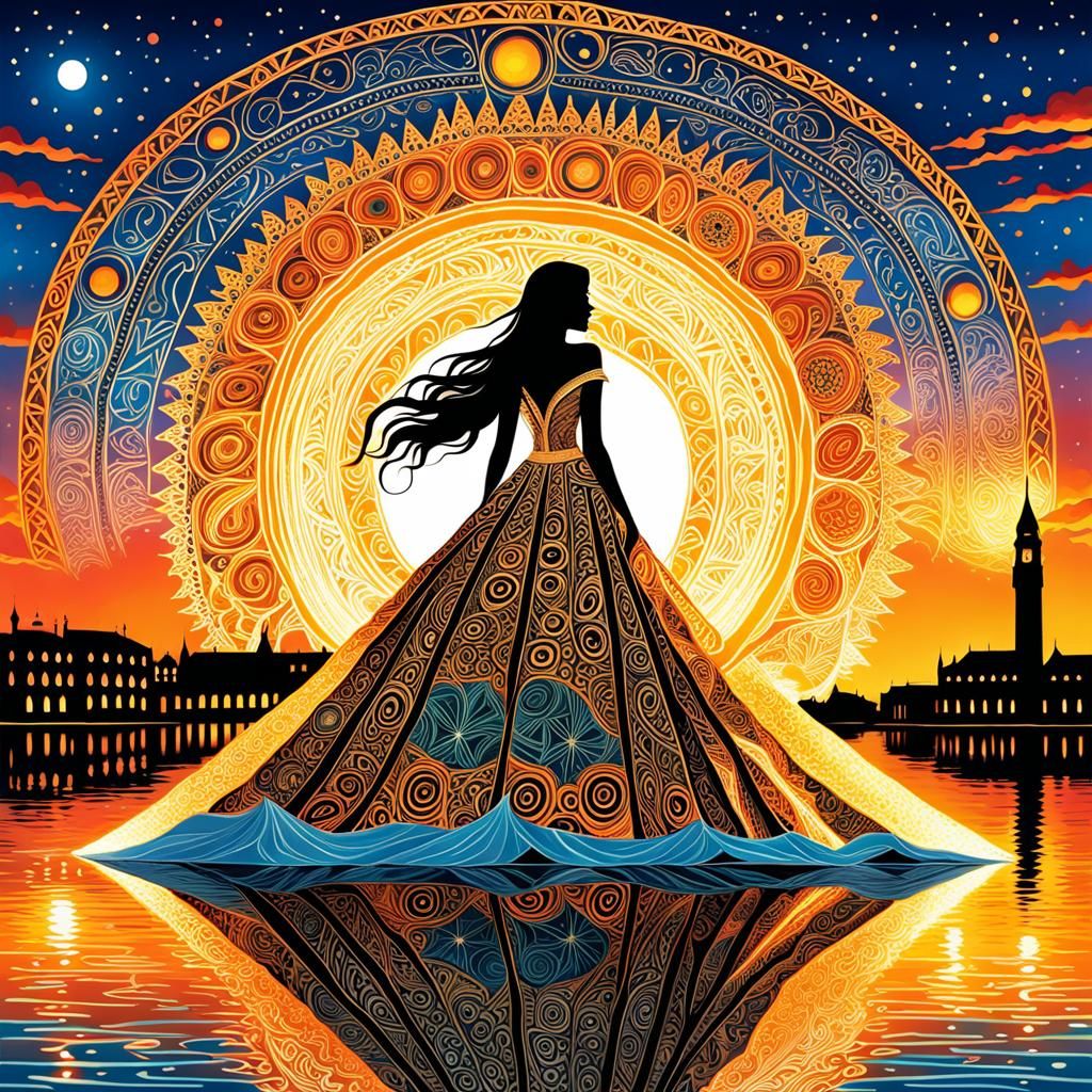 Woman in Runes Dress at Venice Ferry: Zentangle Foam Art