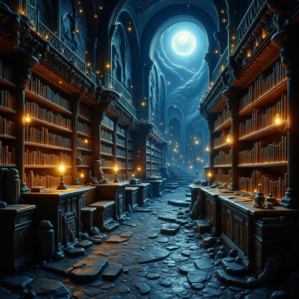 Ancient Library in Moonlight, Stylized Oil Painting