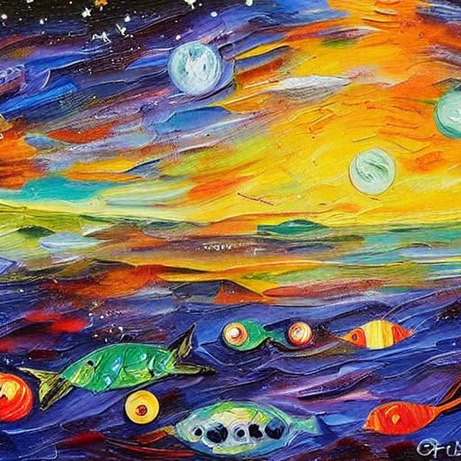 Alien Fish Swim Among Planets: Expressionist Oil Painting